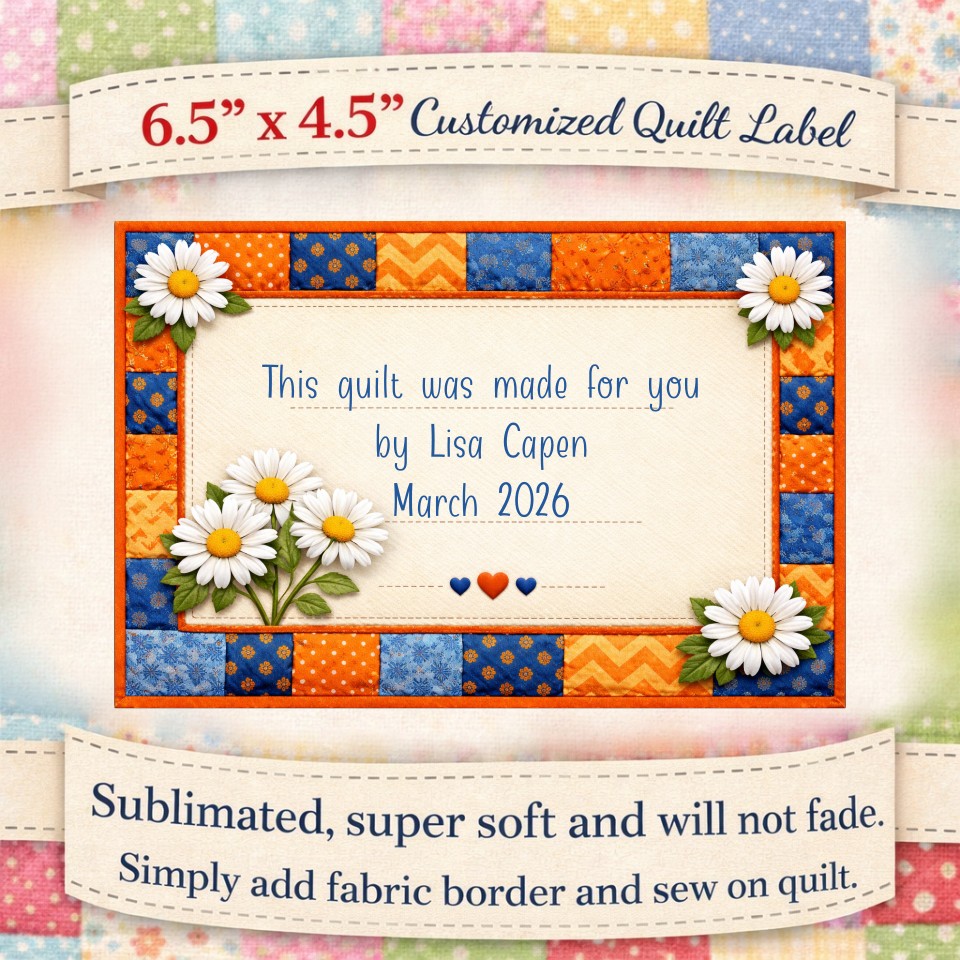 Orange & Blue Floral Patchwork Quilt Label
