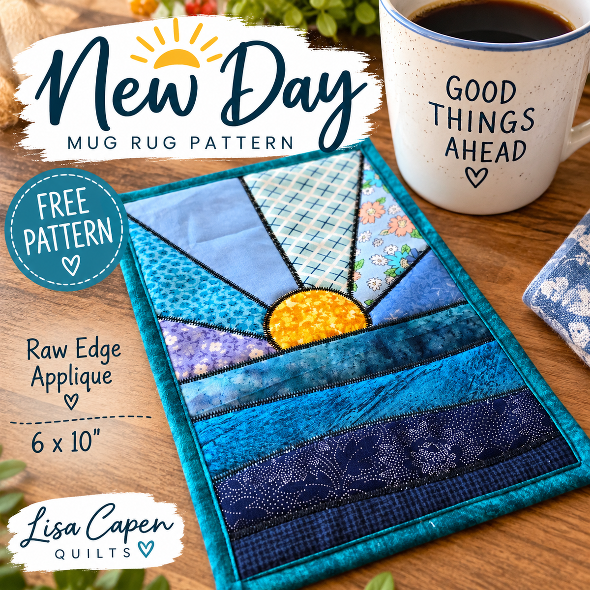 New Day Mugrug Pattern by Lisa Capen Quilts ~ All Raw Edge Applique!